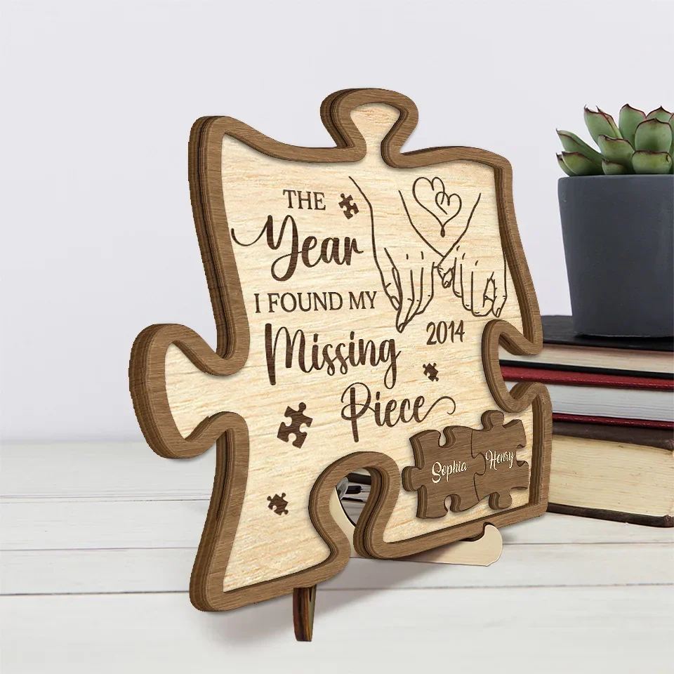 When I Met You I Found My Missing Piece - Couple Personalized Custom 2-Layered Wooden Plaque With Stand - Gift For Husband Wife, Anniversary - Image 4