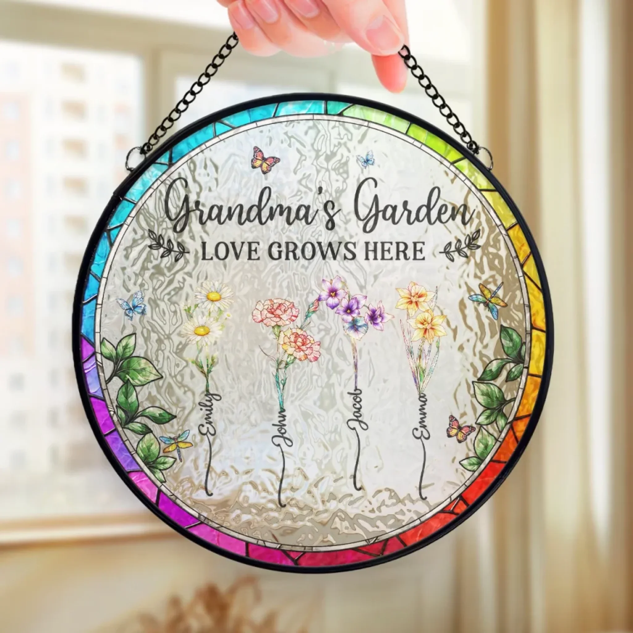 Where Flowers Bloom, Love Grows - Family Personalized Custom Stained Glass Window Hanging Suncatcher - Mother's Day, Gift For Mom, Grandma - Image 4