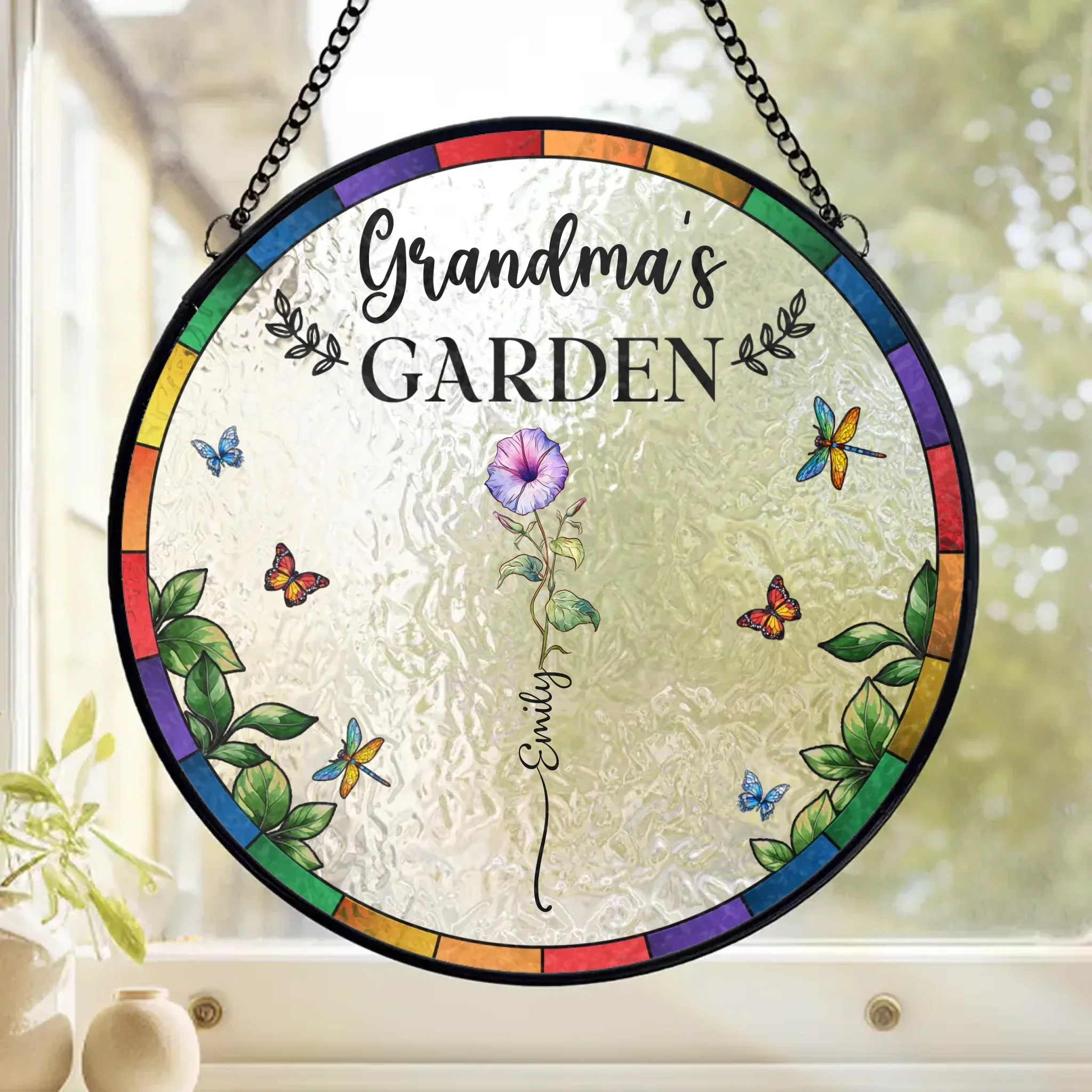 Where Grandkids Grow And Love Blooms - Family Personalized Custom Stained Glass Window Hanging Suncatcher - Mother's Day, Gift For Mom, Grandma - Image 2