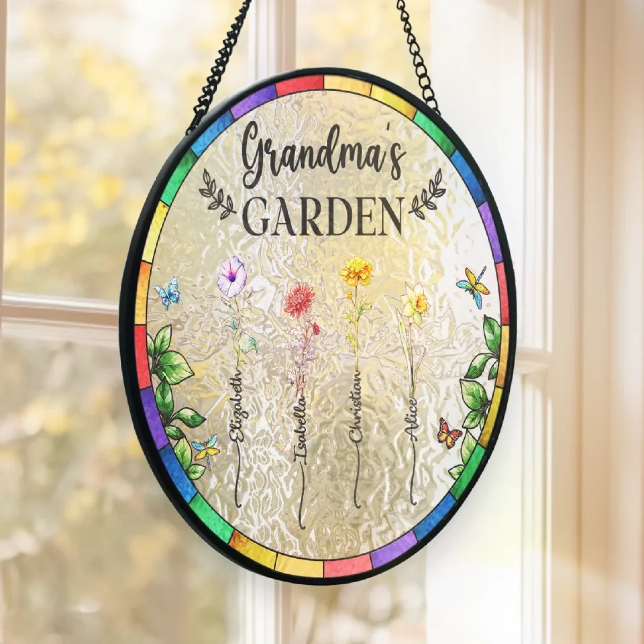 Where Grandkids Grow And Love Blooms - Family Personalized Custom Stained Glass Window Hanging Suncatcher - Mother's Day, Gift For Mom, Grandma - Image 3