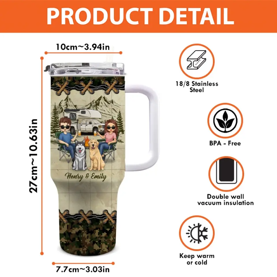 You And Me And The Dog - Camping Personalized Custom 40 Oz Stainless Steel Tumbler With Handle - Gift For Husband Wife, Camping Lovers, Pet Owners, Pet Lovers - Image 4
