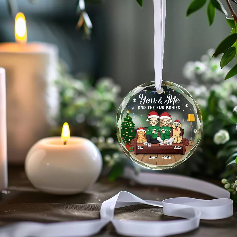 You And Me And The Fur Baby - Dog & Cat Personalized Custom Circle Glass Ornament - Christmas Gift For Pet Owners, Pet Lovers - Image 3