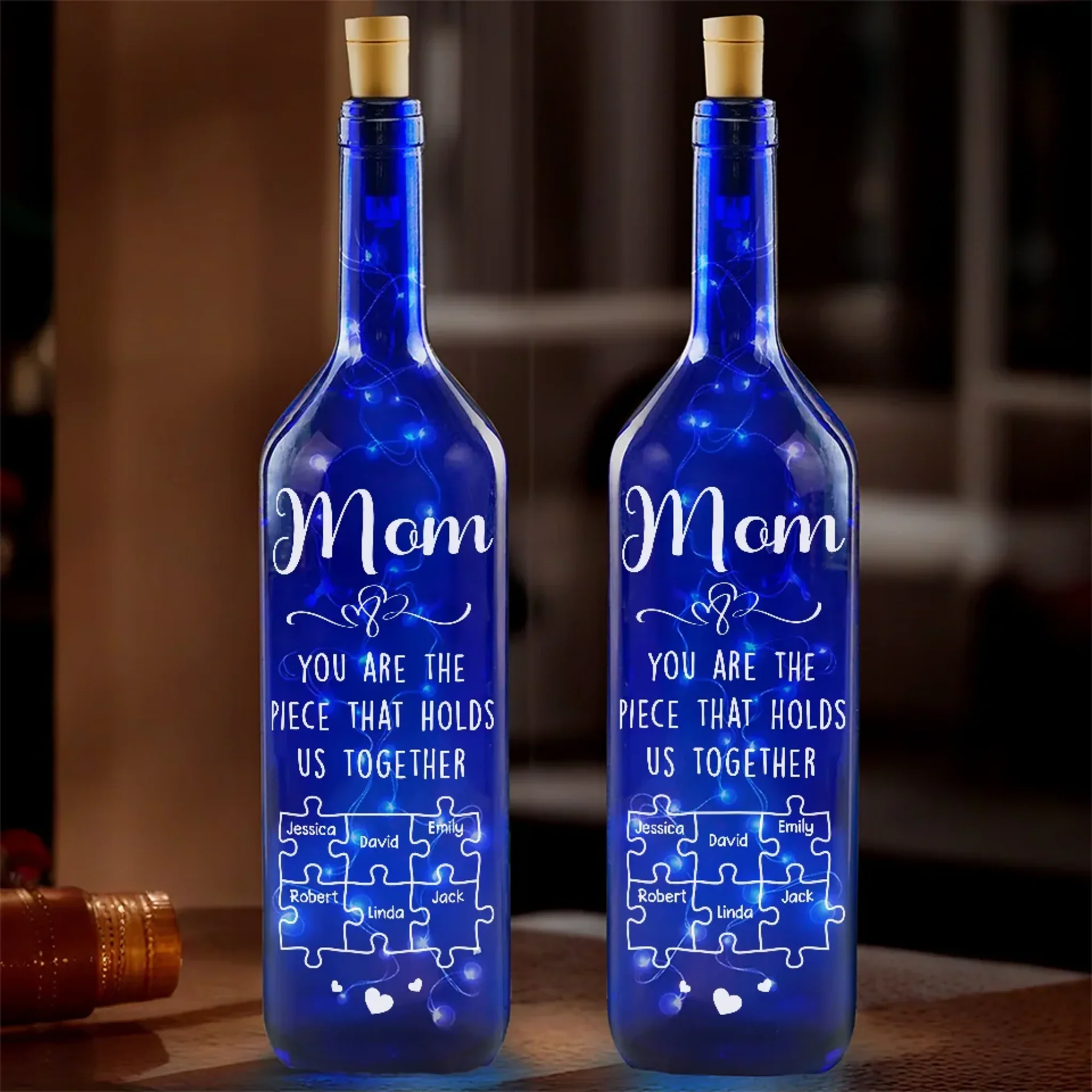 You Are The Piece That Holds Us Together - Family Personalized Custom Blue Bottle Lamp - Mother's Day, Gift For Mom, Grandma