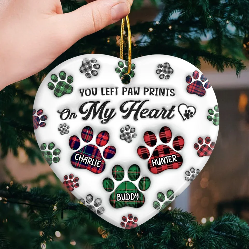 You Left Paw Prints On My Heart - Memorial Personalized Custom 3D Inflated Effect Printed Ornament - Ceramic Heart Shaped - Sympathy Gift, Christmas Gift For Pet Owners, Pet Lovers - Image 3