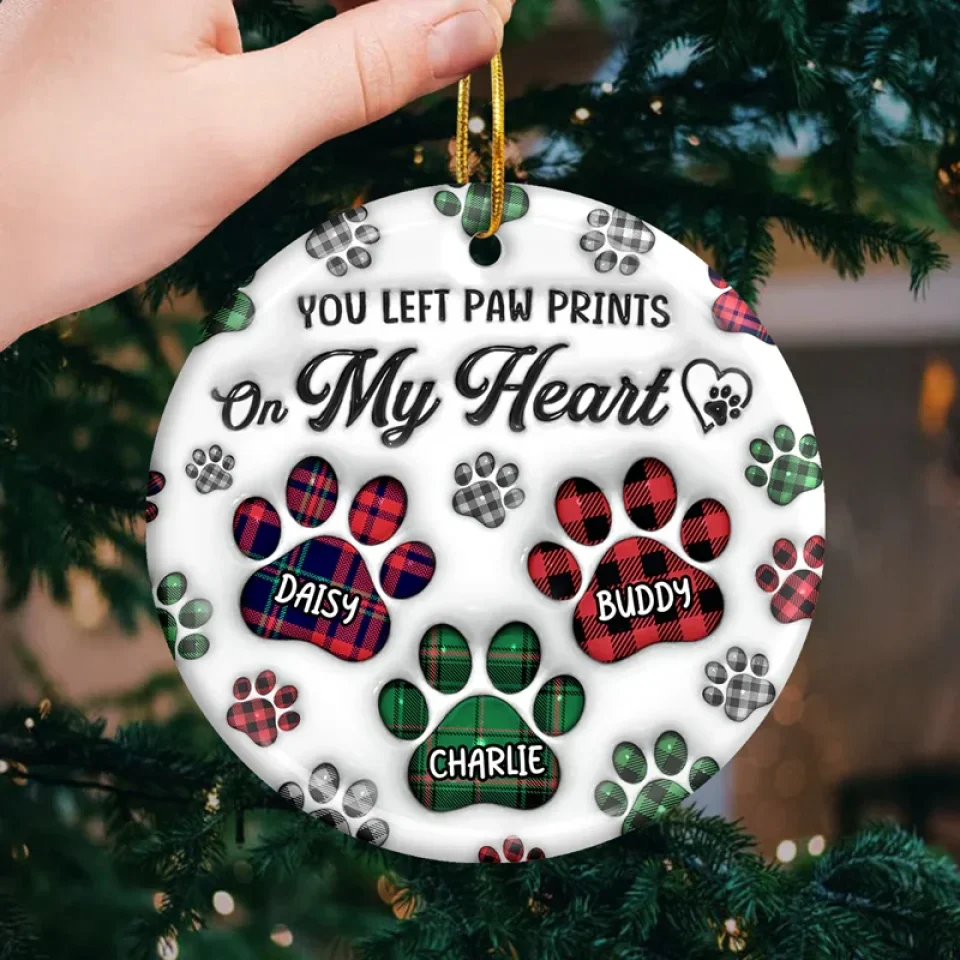 You Left Paw Prints On My Heart - Memorial Personalized Custom 3D Inflated Effect Printed Ornament - Ceramic Round Shaped - Sympathy Gift, Christmas Gift For Pet Owners, Pet Lovers - Image 3