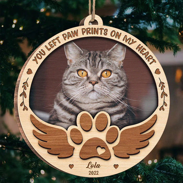 You Left Paw Prints On My Heart - Personalized Custom Snow Globe Shaped Wood Photo Christmas Ornament - Upload Image, Memorial Gift, Sympathy Gift, Christmas Gift - Image 2