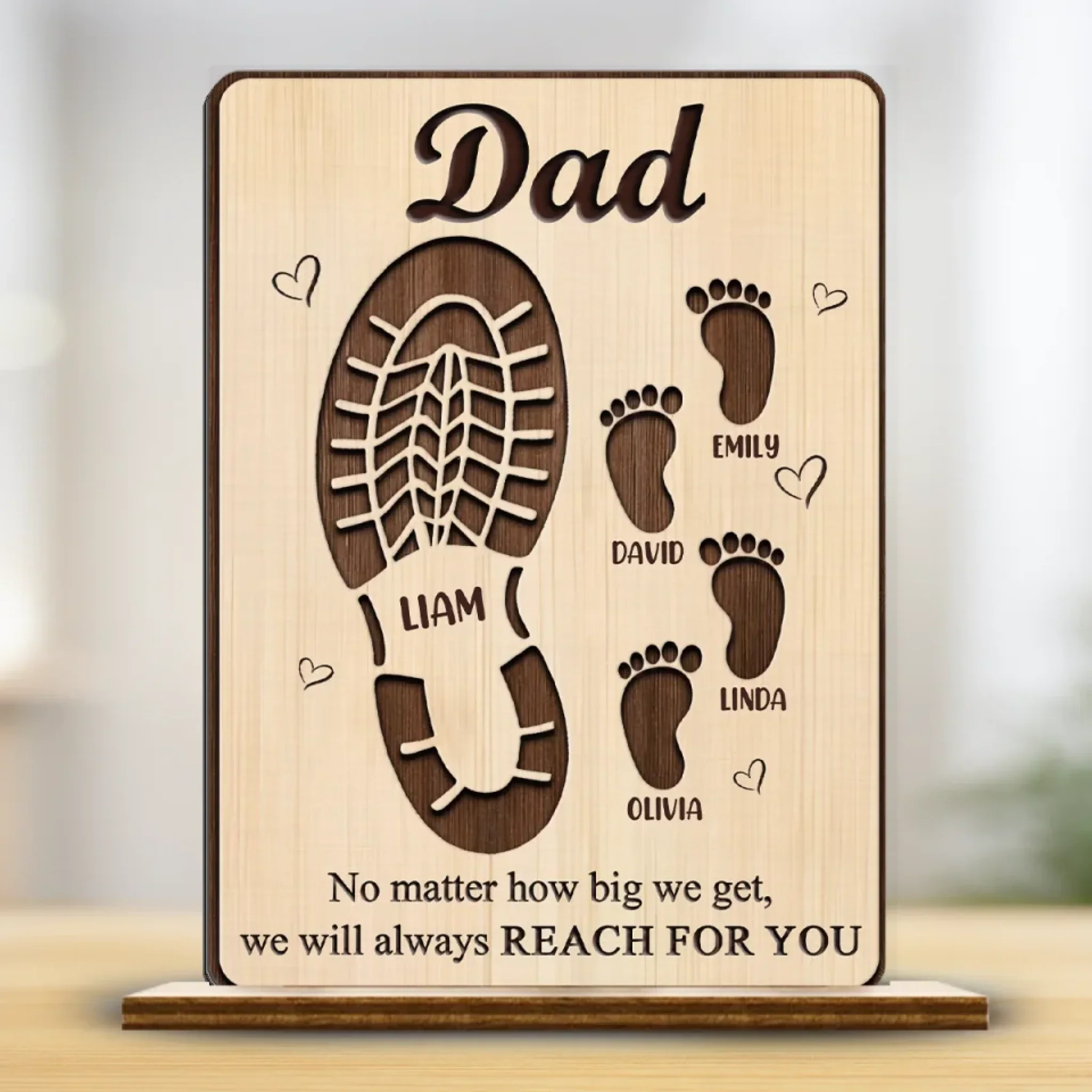 Your Footsteps Shaped Our Journey - Family Personalized Custom Shaped 2-Layered Wooden Plaque With Flat Stand - Father's Day, House Warming Gift For Dad, Grandpa - Image 3